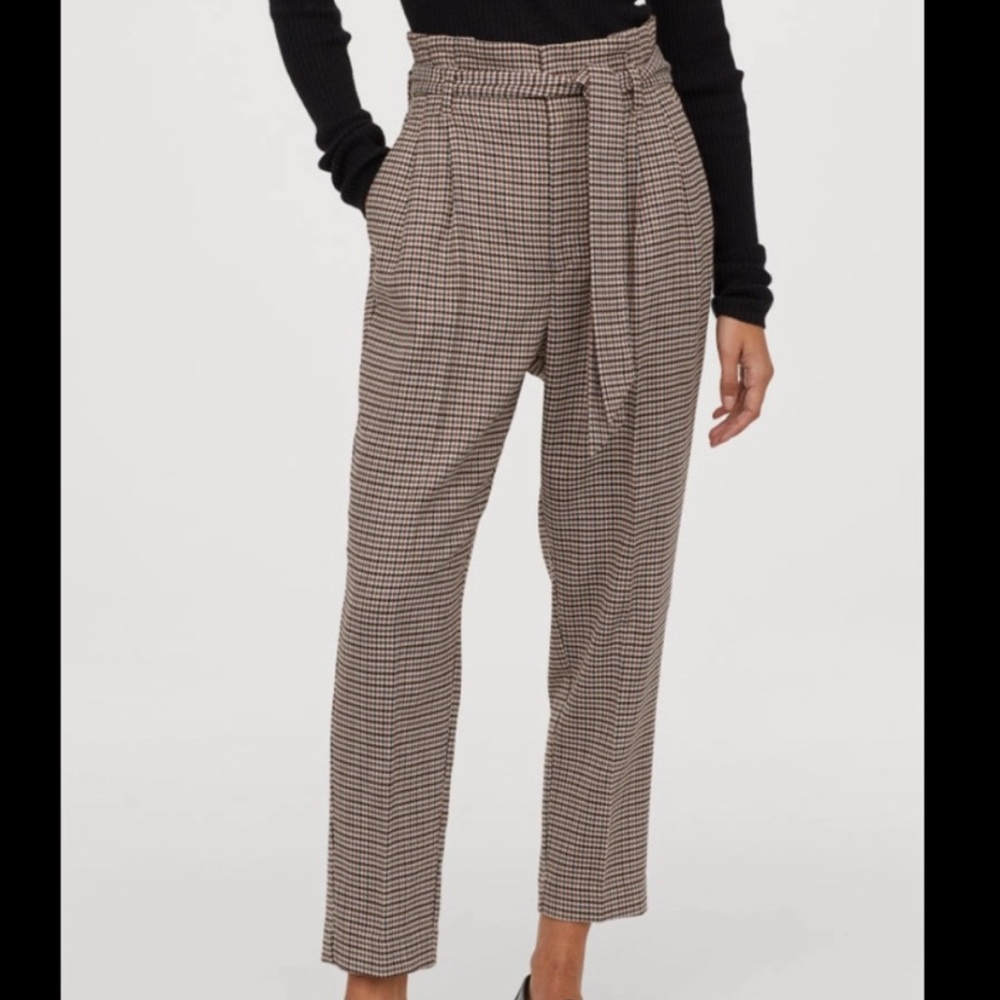 H&M high waisted Paperbag Waist Trousers Brown Houndstooth check belted Size 4